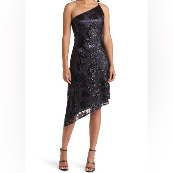 Alex & Eve Sequined Embroidered One-Shoulder Asymmetrical-Hem Sheath Dress Sz 16 - Picture 1 of 10